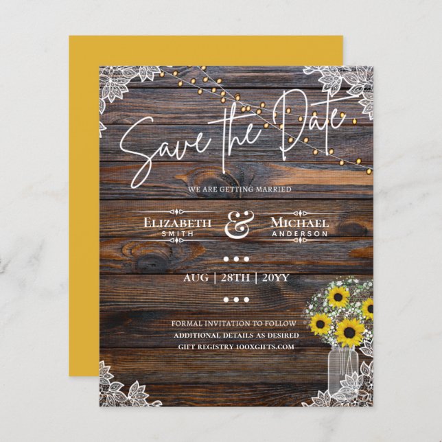Budget Rustic Sunflowers Lace Mason Jar Wedding (Front/Back)