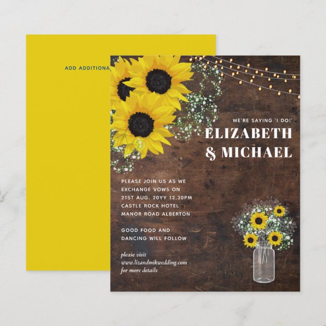 BUDGET Rustic Sunflowers Lights Wedding Invite (Front/Back)