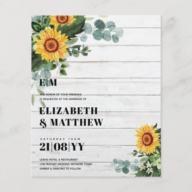 BUDGET Rustic Sunflowers Modern Text Wedding Flyer (Front)