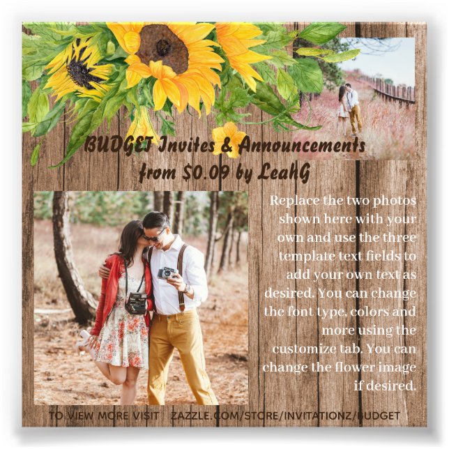 BUDGET Rustic Sunflowers Photo Text Template (Front)