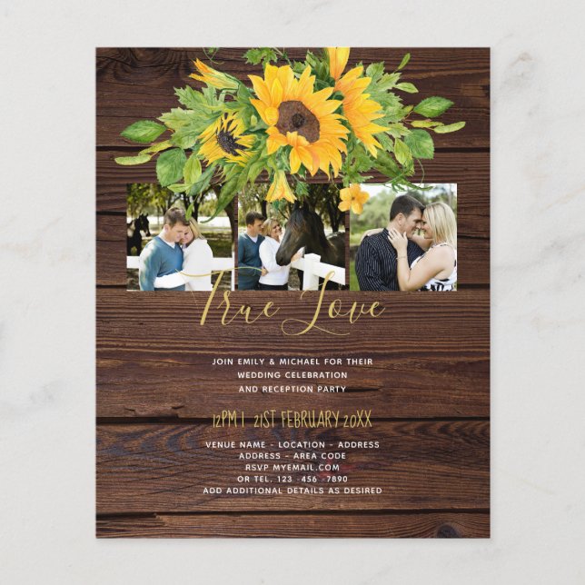 Budget Rustic Sunflowers Photo Wedding Invitations (Front)