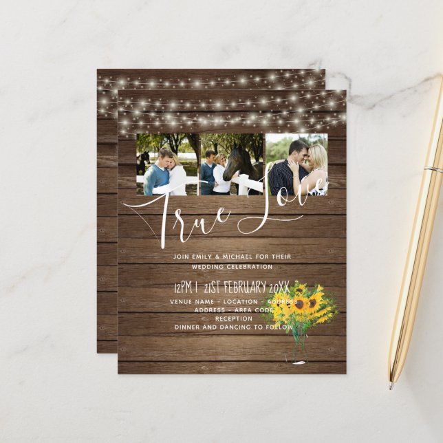 BUDGET Rustic Sunflowers Woodland Wedding Invite (Front/Back In Situ)