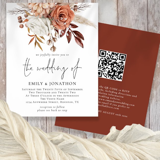 Budget Rustic Terracotta Florals QR Code Wedding Flyer (Front and back view - value paper option)