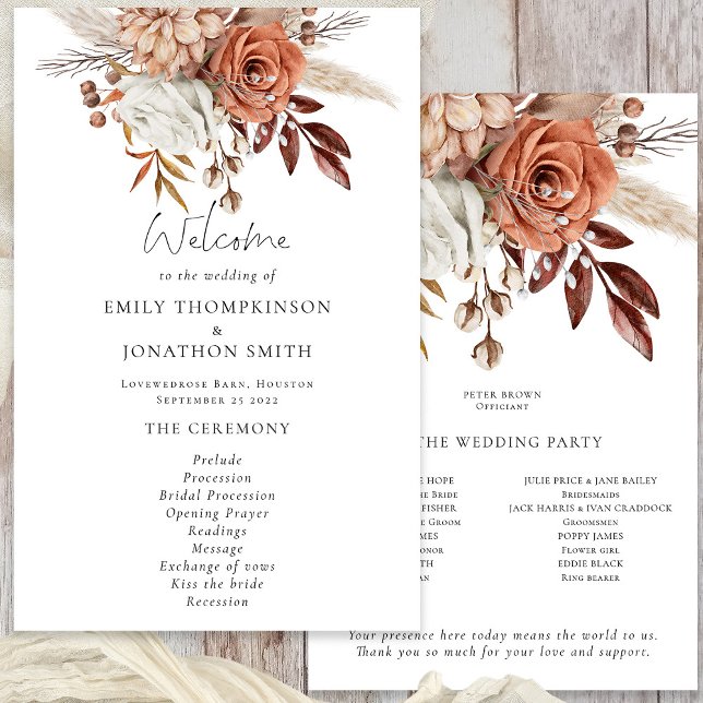 Budget Rustic Terracotta Florals Wedding Program (Front and Back View)