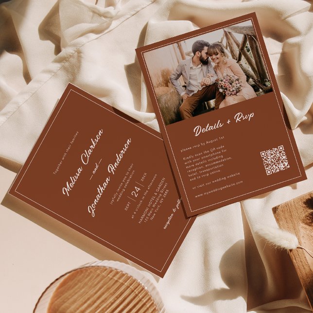 Budget Rustic Terracotta Photo QR Code Wedding Invitation (Creator Uploaded)