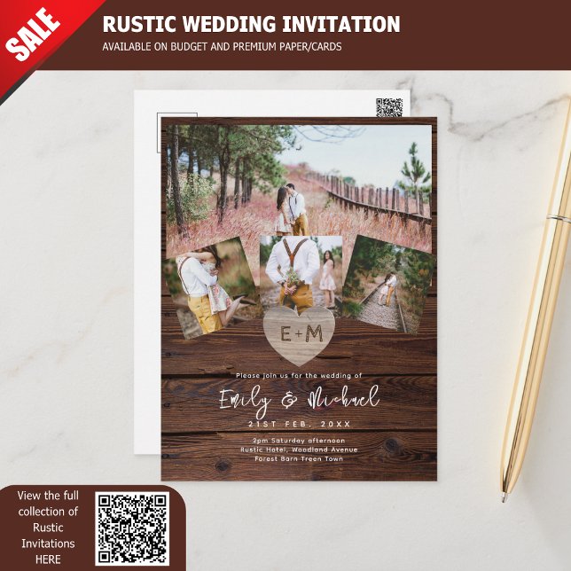 Budget Rustic Wedding Invites Photo Collage Modern Postcard (Creator Uploaded)