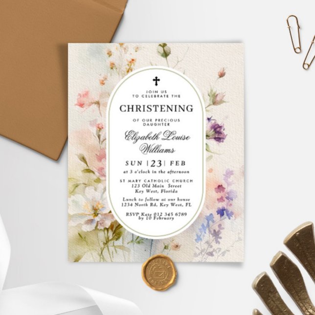 Budget Rustic Wildflowers Christening Invitation (Creator Uploaded)