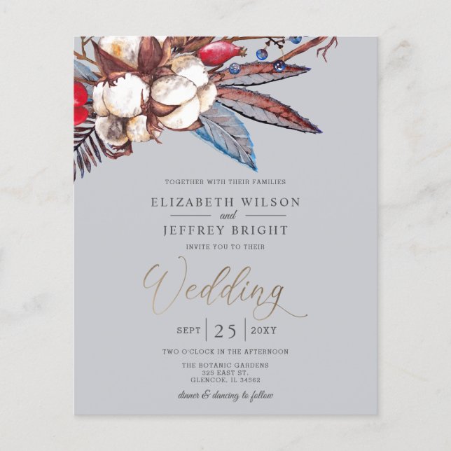 Budget Rustic Winter Florals Wedding Invitation (Front)
