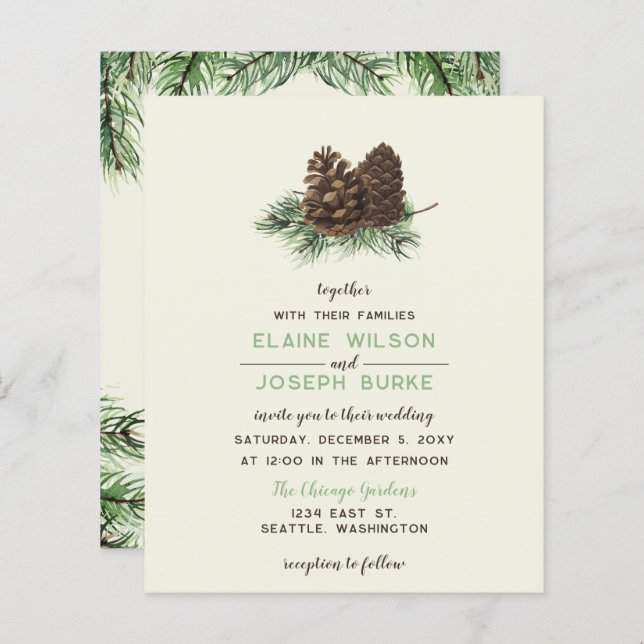 Budget Rustic Winter Pine Cone Wedding Invitation (Front/Back)