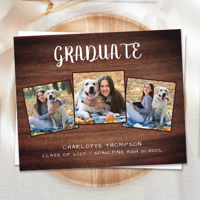 Budget Rustic Wood 3 Photo Graduation Announcement (Creator Uploaded)