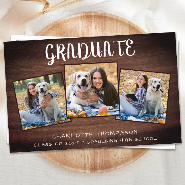 Budget Rustic Wood 3 Photo Graduation Announcement (Creator Uploaded)