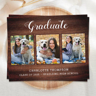 Budget Rustic Wood 3 Photo Graduation Invitation