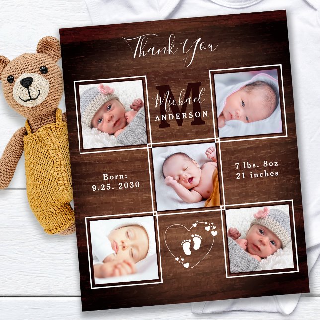 Budget Rustic Wood 5 Photo New Baby Thank You Card (Creator Uploaded)