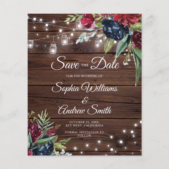 BUDGET Rustic Wood Floral Light Save The Date (Front)