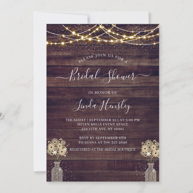 Budget Rustic Wood Floral Lights Bridal Shower Inv Invitation (Front)