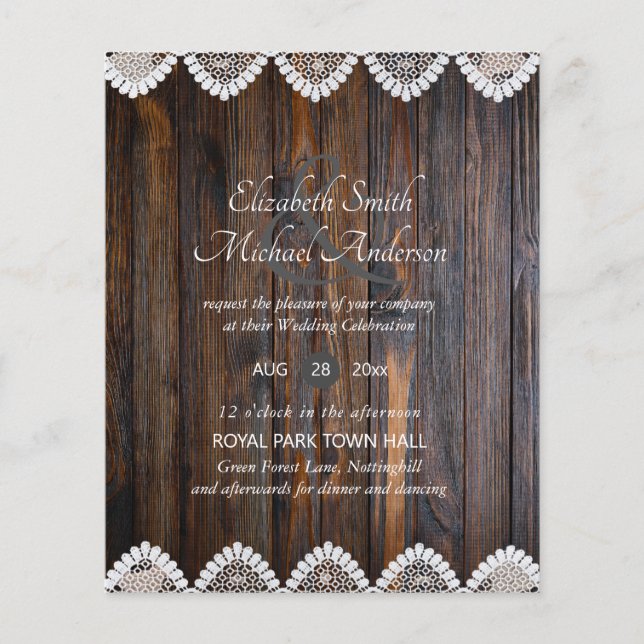 BUDGET Rustic Wood Lace Wedding Invitation (Front)
