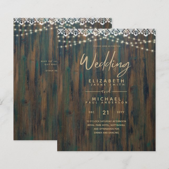 BUDGET RUSTIC WOOD LIGHTS LACE Wedding Invite (Front/Back)