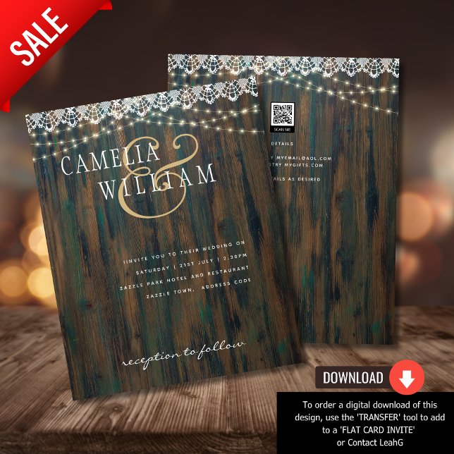 BUDGET RUSTIC WOOD LIGHTS LACE Wedding Invite (Creator Uploaded)