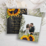 Budget rustic wood photo wedding invitation<br><div class="desc">Elegant chic summer or fall wedding stylish BUDGET affordable invitation template on dark brown barn wood featuring a beautiful sunflowers bouquet and strings of twinkle lights. Personalise it with your details on the front side and with your photo on the reverse. The invitation is suitable for elegant summer or autumn...</div>