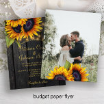 Budget rustic wood PHOTO wedding invitation flyer<br><div class="desc">Elegant chic summer or fall wedding stylish BUDGET affordable invitation template on dark brown barn wood featuring a beautiful sunflowers bouquet and strings of twinkle lights. Personalise it with your details on the front side and with your photo on the reverse. The invitation is suitable for elegant summer or autumn...</div>