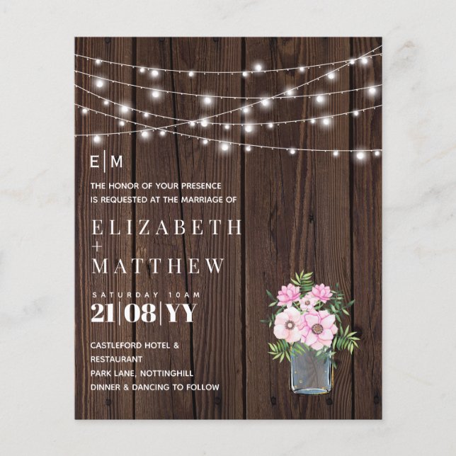 Budget Rustic Wood Pink Flowers Wedding Invites (Front)