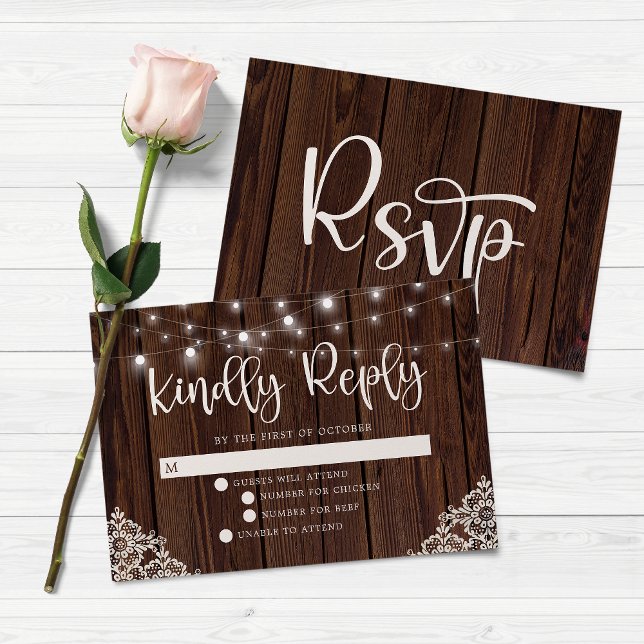 BUDGET Rustic Wood String Lights Lace Wedding RSVP Card (Creator Uploaded)