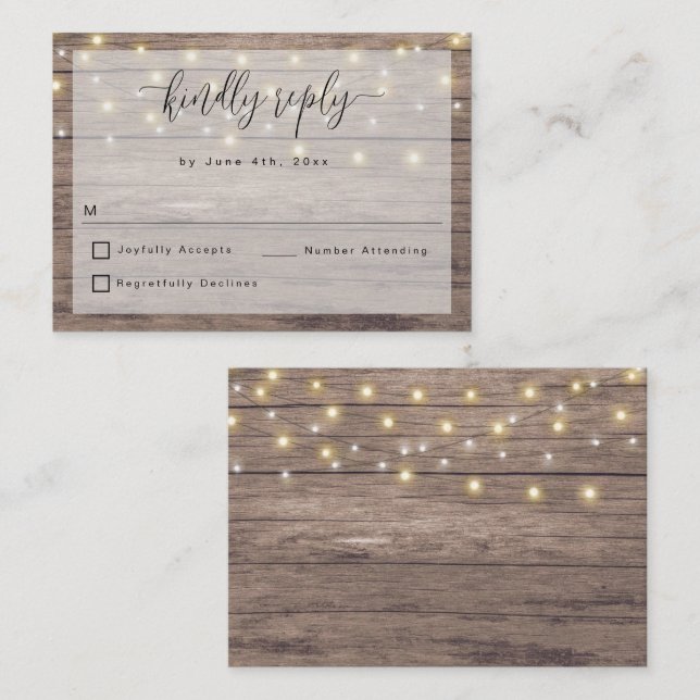 Budget Rustic Wood String Lights Wedding RSVP Card (Front/Back)