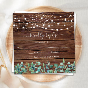 Budget Rustic Wood String Lights Wedding RSVP Card
