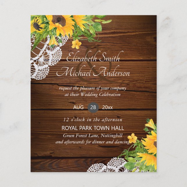 BUDGET Rustic Wood Sunflowers Lace Wedding Invites (Front)