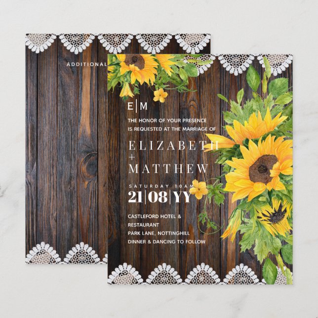 BUDGET Rustic Wood Sunflowers Lace Wedding Invites (Front/Back)