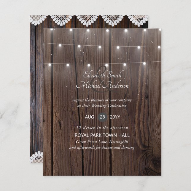 Budget RUSTIC Wood Wedding Invites n Envelopes (Front/Back)