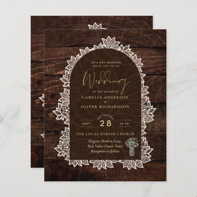BUDGET Rustic Woodland Wedding Wood Lace INVITE (Front/Back)