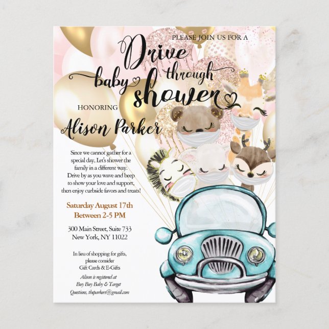 Budget Safari Animal Drive By Baby Shower Invite Flyer (Front)