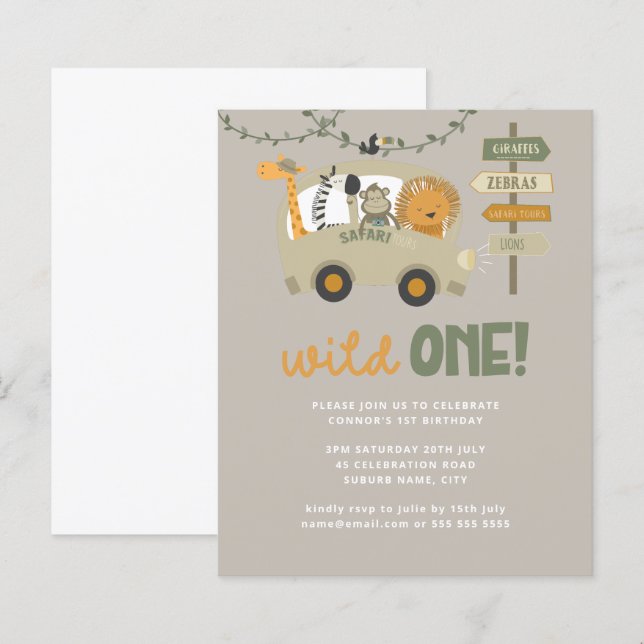 Budget Safari Animals Wild One Birthday Invitation (Front/Back)