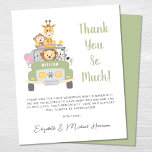 Budget Safari Baby Boy Shower Thank You Card<br><div class="desc">Cute budget-friendly baby shower thank you card featuring an illustration of baby zoo animals (lion, elephant, zebra, monkey and giraffe) piled into a safari vehicle. You can easily personalise a thank you message, add your baby's name and birthdate on the vehicle, and add your names in a grey signature-like script....</div>