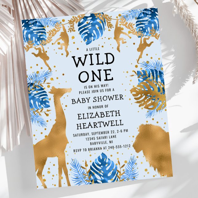 Budget Safari Blue Gold Boy Baby Shower Invitation (Creator Uploaded)
