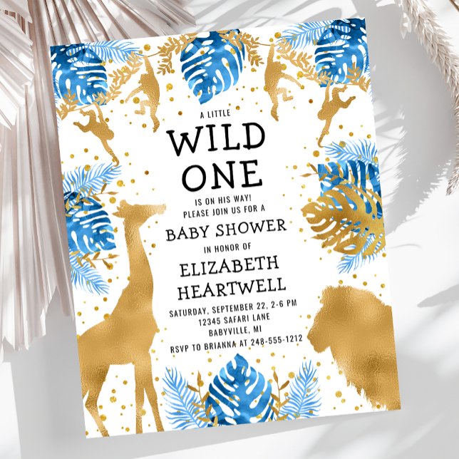 Budget Safari Boy Baby Shower Blue Gold Invitation (Creator Uploaded)