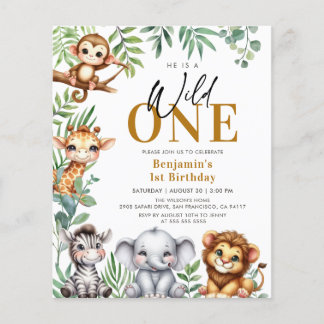 Budget Safari Wild One Animals 1st Birthday Invite