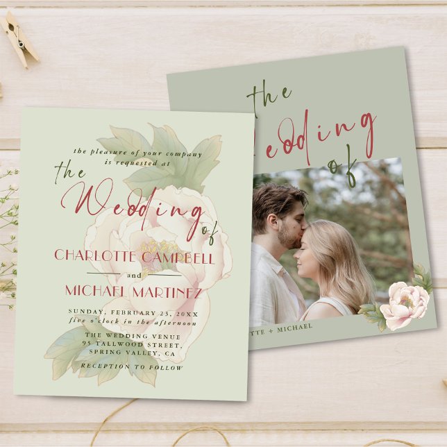 BUDGET Sage and Blush Floral Photo Wedding Invite (Creator Uploaded)