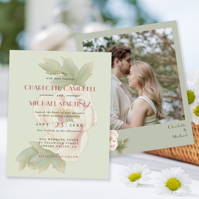 BUDGET Sage and Blush Floral Photo Wedding Invites (Creator Uploaded)