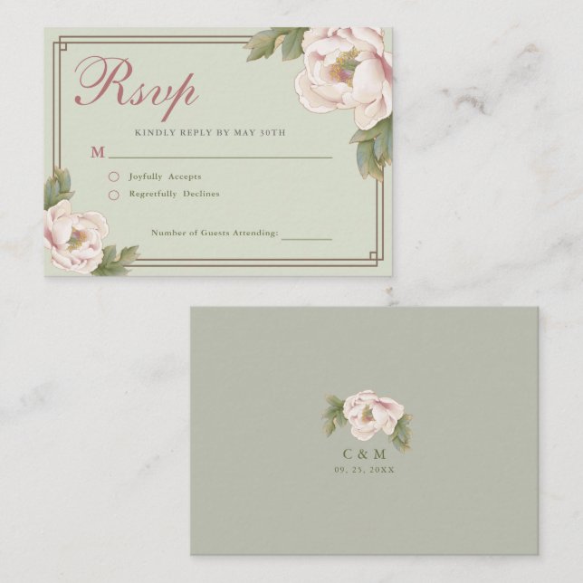 BUDGET Sage & Blush Peony Floral Wedding RSVP Card (Front/Back)