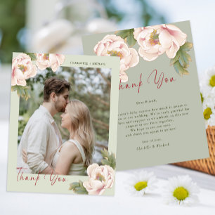 Budget Sage & Blush Photo Wedding Thank you Card