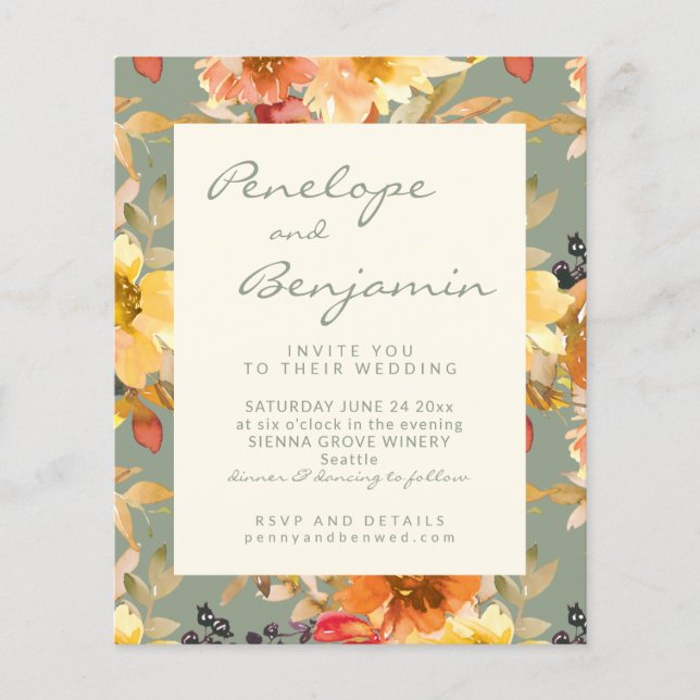 Budget Sage Botanical Watercolor Wedding Invite (Front)