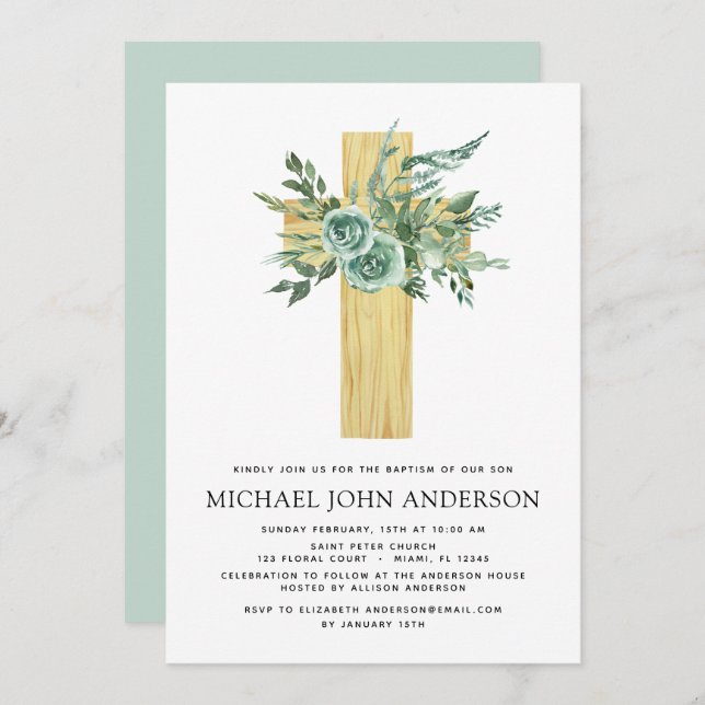 Budget Sage Eucalyptus Baptism Greenery Invitation (Front/Back)