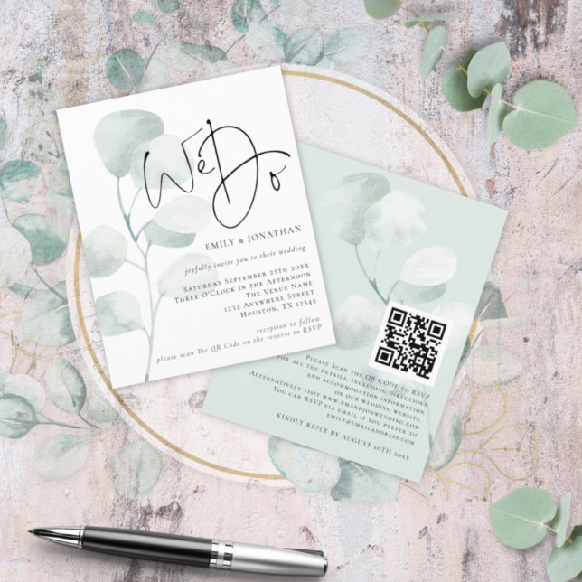 Budget Sage Eucalyptus We Do QR Wedding Invitation (Creator Uploaded)