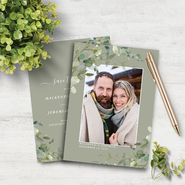 Budget Sage Eucalyptus Wedding Photo Save the Date (Budget Sage Eucalyptus Wedding Photo Save the Date Cards)
