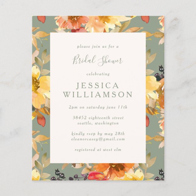 Budget Sage Floral Watercolor Bridal Shower Invite (Front)