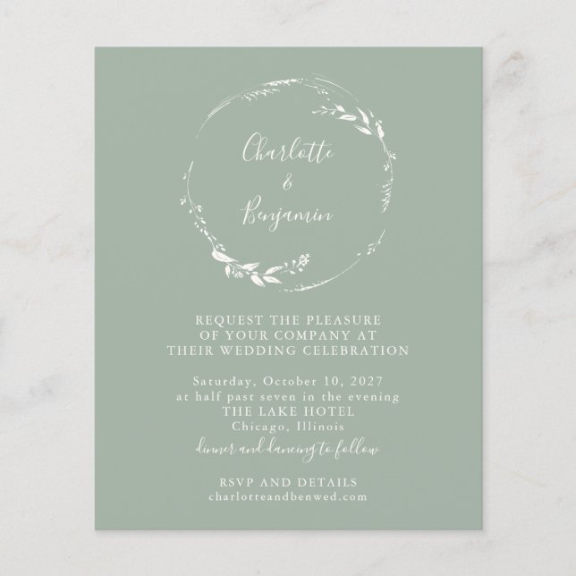 Budget Sage Floral Wreath Script Wedding Invite (Front)