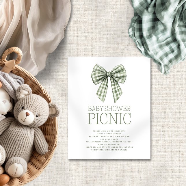 Budget Sage Gingham Bow Baby Shower Picnic (Budget priced smaller 4.5 x 5.6" invite)