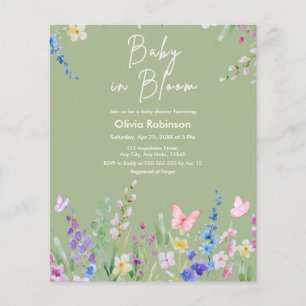 Budget Sage Green Baby in Bloom Baby Shower Invite